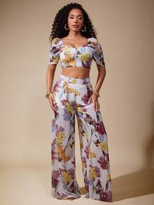 Vixey Floral Print Casual Fashion Loose Wide-Leg Women Pants - Multicolor - View 3
