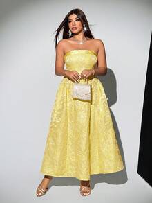 Viva Relle 大码女士优雅复古A字连衣裙，3D立体印花图案，适合情人节穿着 - 黃色 - 查看 6