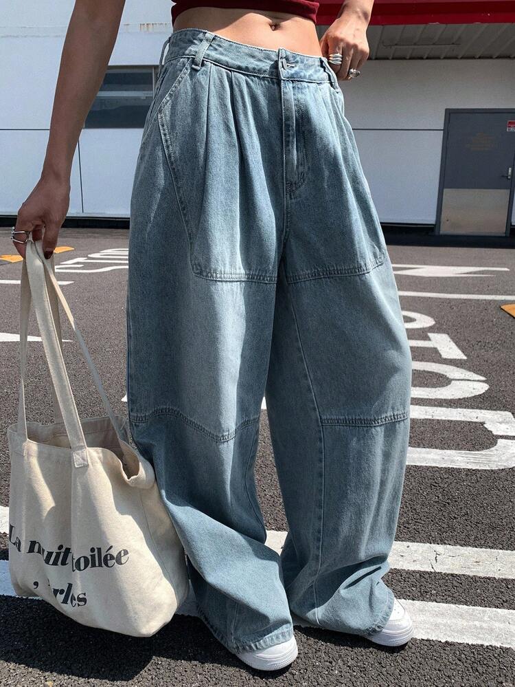 Women's Regular Waist Pleated Loose Wide Leg Jeans, Casual Street Style Y2k