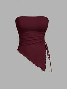 SHEIN MOD 多件式紧身胸衣上衣，侧边系腰褶，复古印花抹胸，秋季上衣，外出上衣，棕色背心 - 酒紅色 - 查看 5