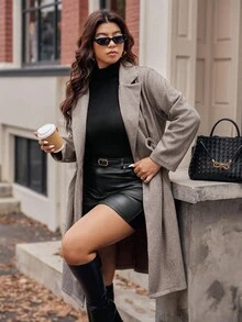 Vionelle Damen Große Größen Klassisch Lässig Minimalistisch Kragen Taillengürtel Knopftasche Mantel in Knielänge, Herbst/Winter Herbst Fall