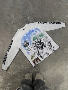 Manfinity EMRG Áo thun nam in khẩu hiệu Tượng Nữ thần Tự do cỡ lớn, mùa thu, áo dài tay - trắng - Xem 2