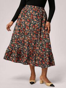 SHEIN Tall CURVE Plus Size Women Floral Ruffle Hem Skirt, Western Wear Women, Boho, Hippie, Cowgirl - Multicolor - View 8