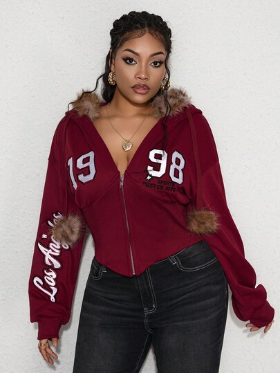ROMWE Avant Plus Size Women's Collegiate Street Letter & Number Embroidered Furry Patchwork Drawstring Hoodie
