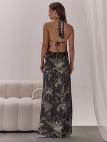 MUSERA 缎面印花露背长裙，优雅性感，适合夜晚外出、婚礼宾客、度假、秋季叠穿派对、春夏、毕业典礼等场合。 - 彩色 - 查看 2