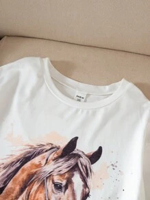 Tween Girl 3D Watercolor Horse Print Round Neck Short Sleeve White T-Shirt - White - View 3