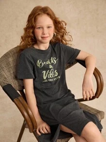 Tween Girls Dresses Spring And Summer Wildeya New Styles, Personalized Split Ruched Design Fluorescent English Letter Print Dark Grey T-Shirt Dress, Fashion Classic Suitable For Outdoor Activities And Daily Social Events - Dark Grey - View 5