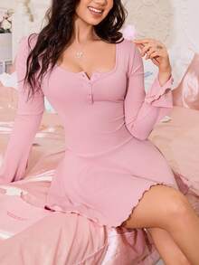 SHEIN 女士修身纽扣褶裥罗纹舒适家居服连衣裙，秋冬女士睡衣连衣裙，舒适套装 - 粉色 - 查看 6