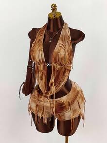 Amplova 2 件套：深垂领露背上衣和独特面料的破洞迷你短裤 - 彩色 - 查看 1