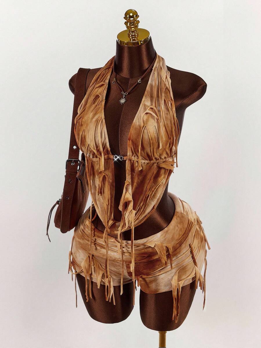 Amplova 2 件套：深垂领露背上衣和独特面料的破洞迷你短裤 - 彩色 - 查看 1