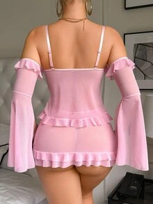 SHEIN 5 件套女士性感内衣套装（无钢圈文胸、丁字裤、迷你裙、2 副手套） - 粉色 - 查看 2