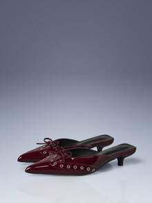 CUCCOO GRLICON Gold Rhinestone Bow Decor Low Heel Backless Women Shoes - Burgundy - View 1