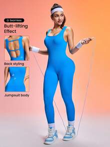 Easithlete Women's Solid Color Minimalist Sleeveless Jumpsuit, Casual & Sports - Blue - View 1