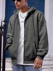 Manfinity Dauomo Áo hoodie dài tay có túi màu trơn dành cho nam, thường ngày cho mùa thu - Màu xám đen - Xem 7