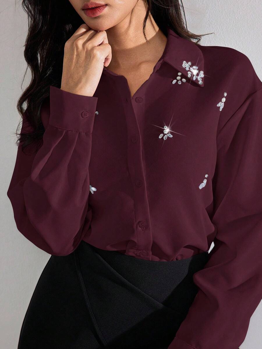 Heiryn Women's Elegant Commuter Rhinestone Decorated Blouse,Red Top - Burgundy - View 1