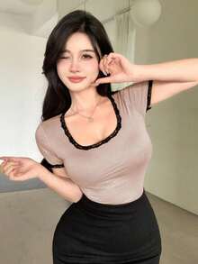 DAZY Women's Slim Fit Lace Trim Color Block T-Shirt Going Out Tops - Khaki - View 7