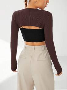 Comfortcana Spring Solid Crop Cardigan Without Cami Black Top In Fall/Winter,Brown Sweater - Coffee Brown - View 2