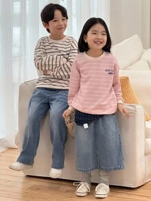 Genkimix Kids Spring/Autumn New Boys Loose Casual Striped Sweatshirt, Letter Print, Comfortable Sporty Top - Apricot - View 4