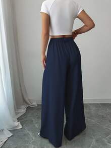 SHEIN PETITE Women's Casual Solid Color Wide Leg Pants, Versatile For Daily Commute Fall Cloth For Women - Navy Blue - View 2