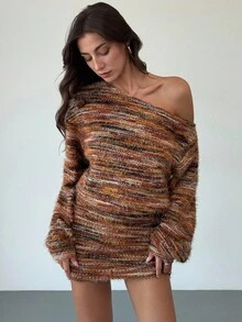 Aloruh 女士秋冬不对称肩长袖高腰修身复古条纹迷你连衣裙，上衣宽松，下装紧身，尽显身材 - 棕色 - 查看 4