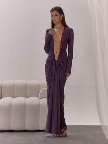 MUSERA 极致深V领长袖连衣裙，优雅性感，适合夜晚外出、度假、秋季派对等场合。 - 紫色 - 查看 1