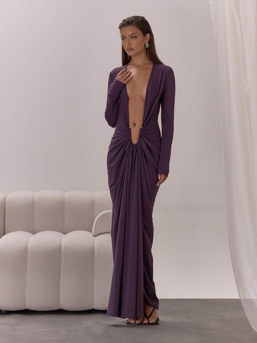 MUSERA 极致深V领长袖连衣裙，优雅性感，适合夜晚外出、度假、秋季派对等场合。 - 紫色 - 查看 1