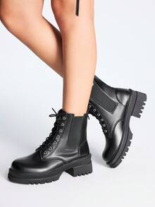 Sugerpunk 女式黑色拉链系带踝靴、朋克摇滚风格链条装饰摩托车靴、学院哥特式骑士皮革短靴 - 黑色 - 查看 4