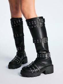 Sugerpunk Women's Dark Punk Rock Boots With Belt Buckle, Y2K Gothic Boots With Side Zipper, Knight Leather Thigh High Boots - Black - View 4