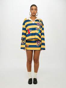 SUMWON WOMEN Varsity Rugby Stripe Collegiate Style Sweatshirt With Patches Retro Sports Number Football For Fall Winter Y2K Fashion - Multicolor - View 1