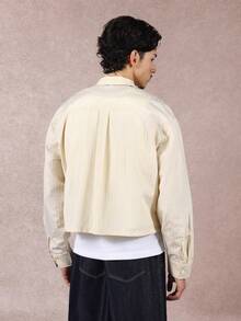 SUMWON Lässiges langärmliges Knopfhemd mit Streifenmuster, figurbetonter Passform, rotes gesticktes Logo-Detail, Brusttasche, leicht für Frühling und Herbst - Gelb - Übersicht 2