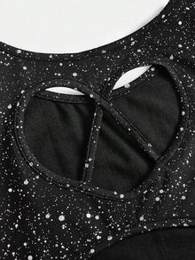 SHEIN Tween 女童休闲运动体操瑜伽闪亮优雅高弹力箔针织露背紧身衣，黑色 - 黑色 - 查看 4