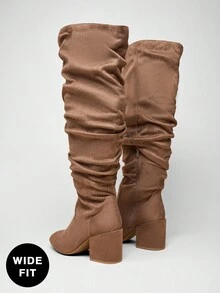 SHUZIA Wide Fit Ruched Faux Leather Knee High Block Heel Boots For Christmas - Light Grey - View 7