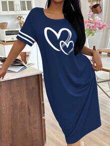 SHEIN 针织面料女士睡裙，短袖，时尚休闲设计，藏蓝色，Moo Moo 睡衣 - 藍色 - 查看 3