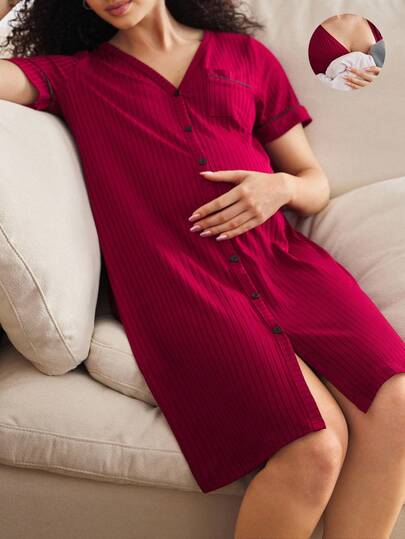BloomMama Maternity Sleepwear - 3/4 Sleeve Dress (Ribbed) Pregnancy Sleepwear Maternity Pajama Dress Maternity Nightgown Sleepwear Dress