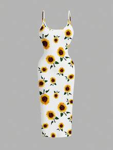 SHEIN EZwear Đầm Maxi Ôm Body Tối Giản Thường Ngày Cỡ Lớn Cho Nữ, Họa Tiết Hoa Hướng Dương, Thích Hợp Cho Mùa Hè - Nhiều màu - Xem 1