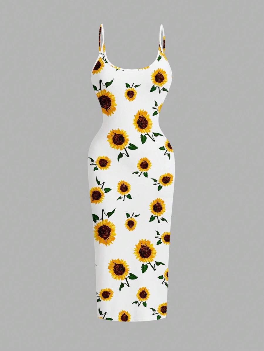 SHEIN EZwear Đầm Maxi Ôm Body Tối Giản Thường Ngày Cỡ Lớn Cho Nữ, Họa Tiết Hoa Hướng Dương, Thích Hợp Cho Mùa Hè - Nhiều màu - Xem 1