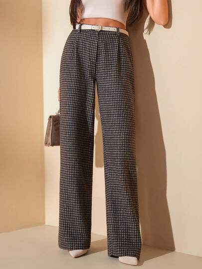 EURMUSE Women's High-Waisted Wide-Leg Houndstooth Pattern Pants, Classic And Stylish Bottoms, High Quality Textured Fabric