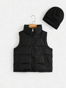 Boys' Casual Vest With Knitted Hood, Padded Coat Fall Winter - Black - View 1