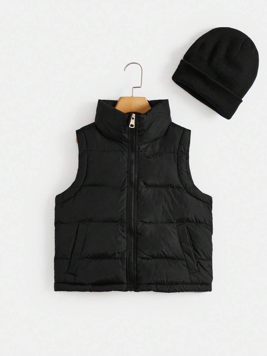 Boys' Casual Vest With Knitted Hood, Padded Coat Fall Winter - Black - View 1