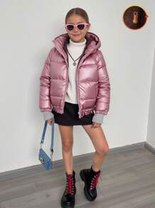 Elladie kids Young Girl' Casual Pink Metallic Coated Quilted Padded Long Sleeve Padded Coat, Warm For Winter Fall - Rusty Rose - View 3