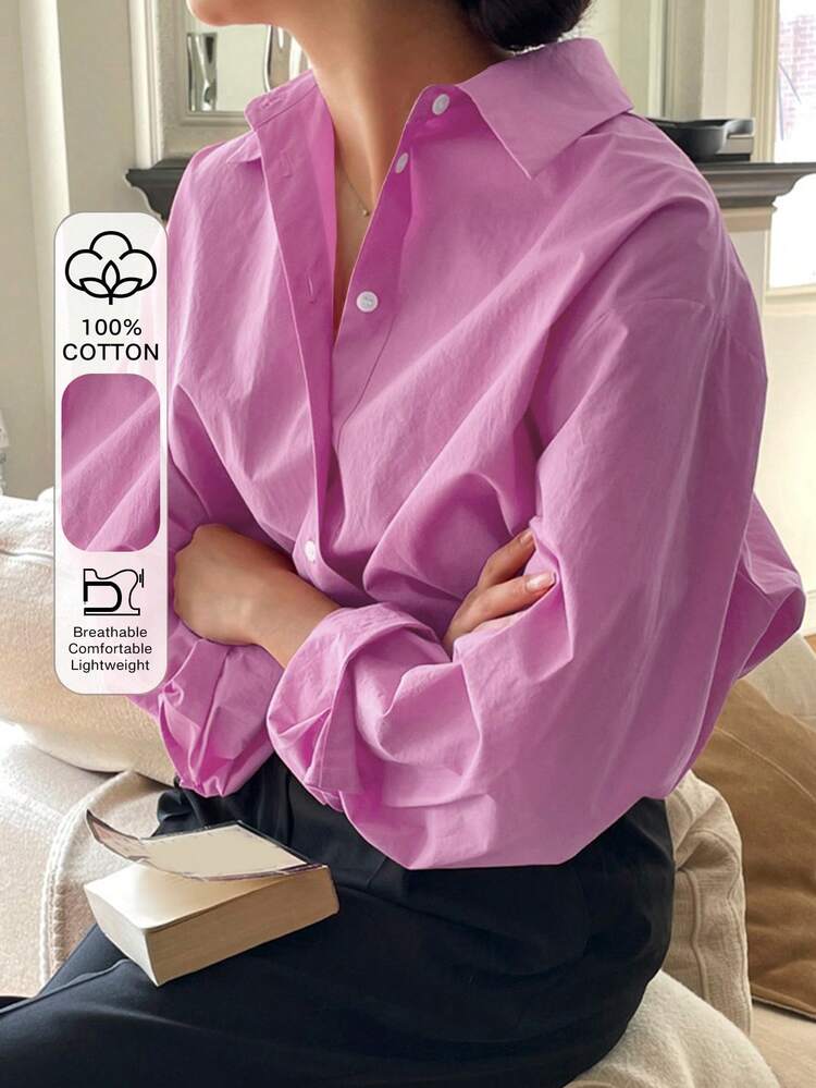 Women's Casual Solid Color Drop Shoulder Loose 100% Cotton Shirt, Spring & Autumn