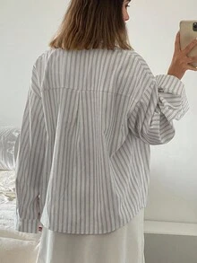 Livesso 女式宽松长袖翻领休闲条纹衬衫，春夏秋季上衣 - 白色 - 查看 2