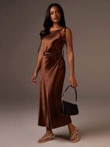 Athîral Women's Solid Color Tie Shoulder Split Hem Elegant Dress,Old Money,Satin Long Dress - Coffee Brown - View 3