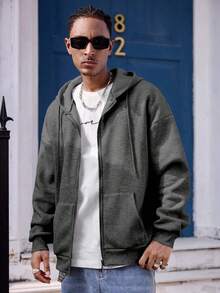 Manfinity Dauomo Áo hoodie dài tay có túi màu trơn dành cho nam, thường ngày cho mùa thu - Màu xám đen - Xem 6