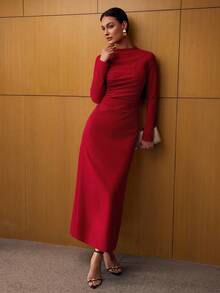 MOTF PREMIUM VESTIDO LARGO CON CUELLO DE EMBUDO Y FRUNCIDO EN LOS LADOS, ESTILO VINTAGE - Rojo - Ver 4