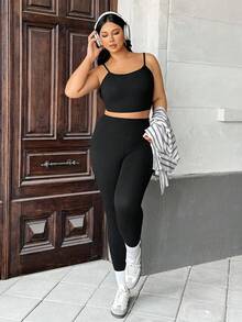 Auralis 大码女式连体裤，黑色紧身裤，女式健身瑜伽裤，秋冬基础款，健身服，女式紧身裤， - 黑色 - 查看 7