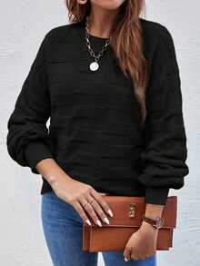 EMERY ROSE 女士纯色圆领长袖宽松休闲套头衫，秋季 - 黑色 - 查看 5