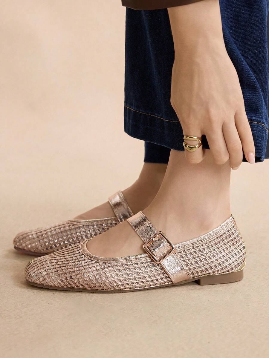 Rosivie 女士时尚杏色编织镂空平底鞋 - 金色 - 查看 1