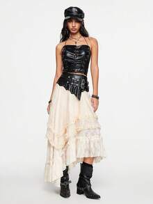 ROMWE Grunge Punk Romantic Punk PU Contrast Lace Heavy Rivet Design Women's Skirt - Multicolor - View 6