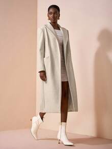 Zivah 2025秋冬新品，音乐节，毕业季，学院风，学生装，日常休闲，度假，海滩，街头风，通勤优雅，翻领长袖金属纽扣长外套，浅灰色大口袋大衣 - 淺灰色 - 查看 3